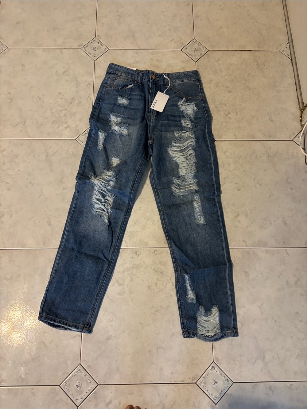 High-Rise Distressed Women's Jeans in Dark Blue